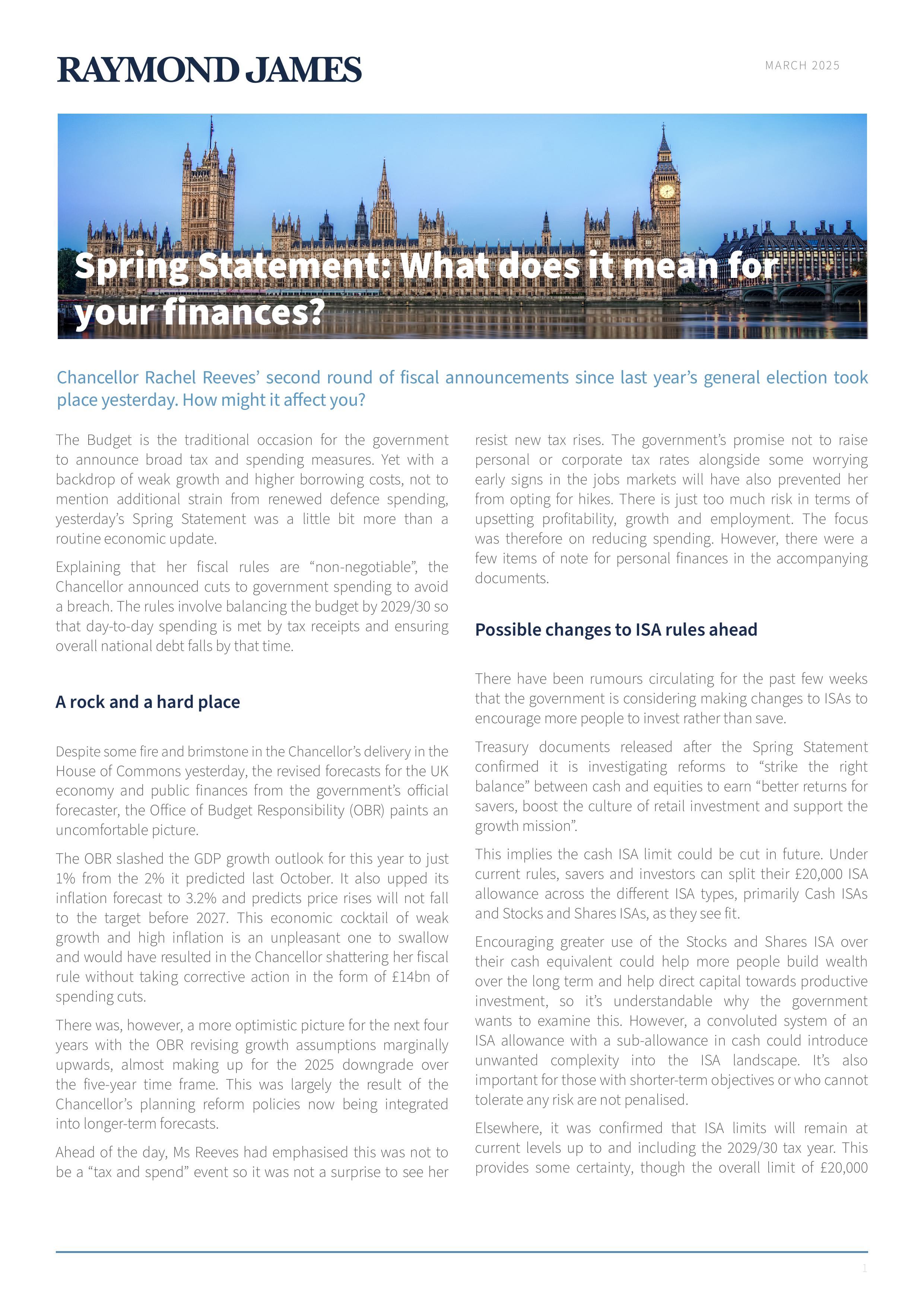 Spring Statement: what does it mean for your finances?